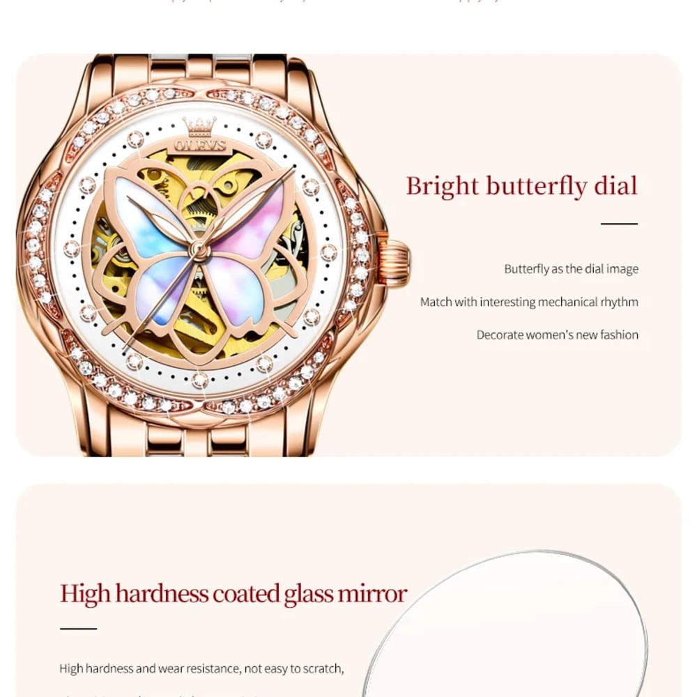 OLEVS  Rose Gold Elegant Butterfly Mechanical Watch for Women